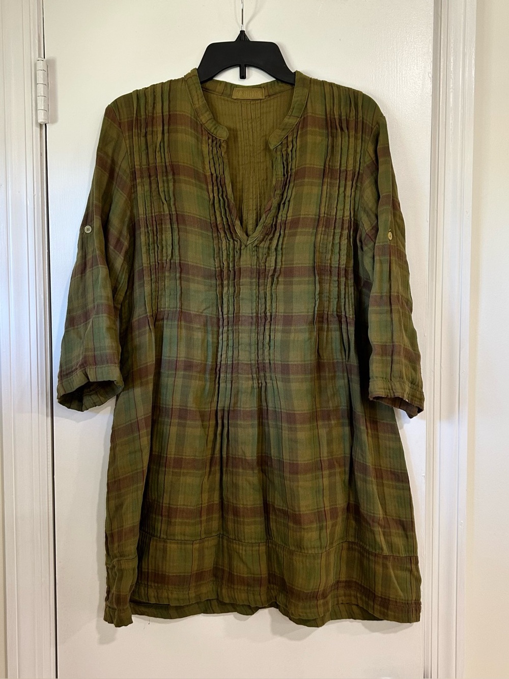 CP Shades Free People Plaid Gauzy Cotton Tunic Split Neck Size Small Fall